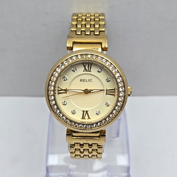 Womens Relic By Fossil Watch 32mm Gold Tone Crystals New Battery ZR34138 - Picture 1 of 10